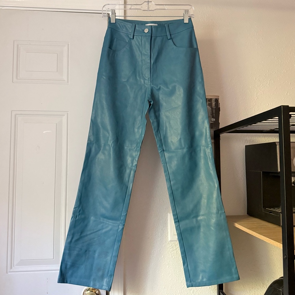 NWT MIAOU teal blue green pu pleather faux leather‎ slim leg pants